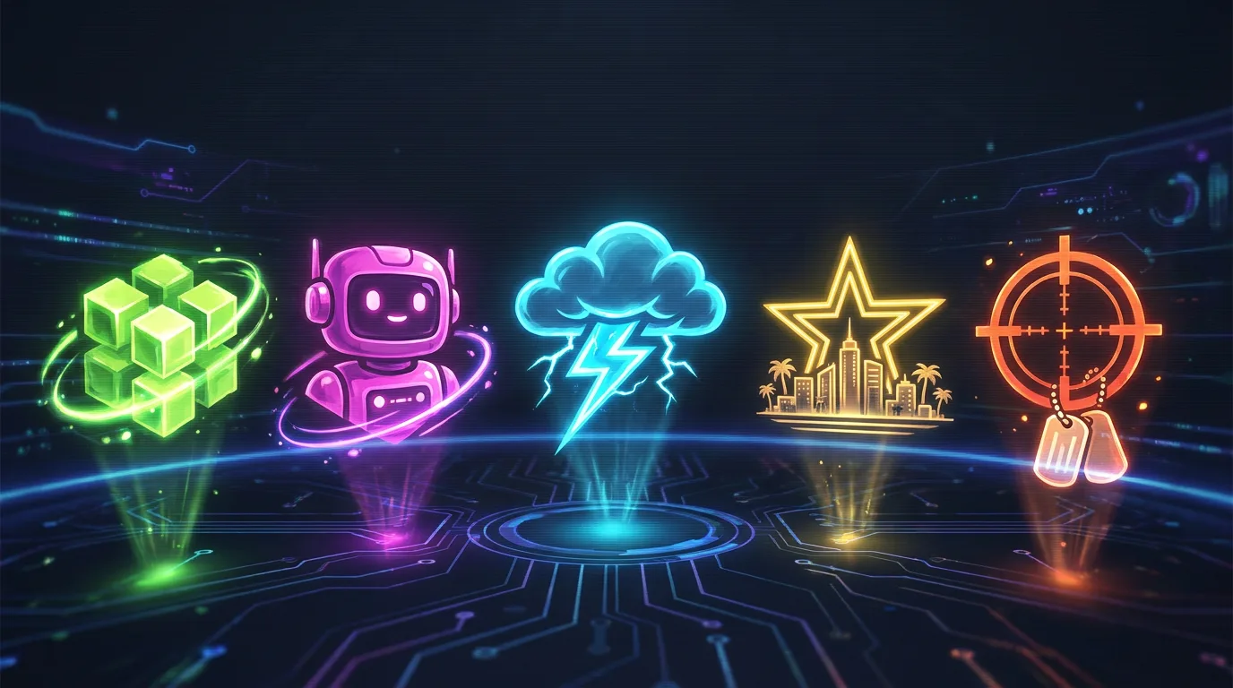 Three glowing neon emblems on a dark arcade grid: a lime voxel cube cluster, a magenta blocky robot avatar, and a cyan storm cloud with a lightning bolt